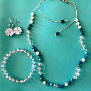 Aqua Aura, Moonstone, and Apatite Necklace; Aqua Aura Bracelet, Tree Earrings